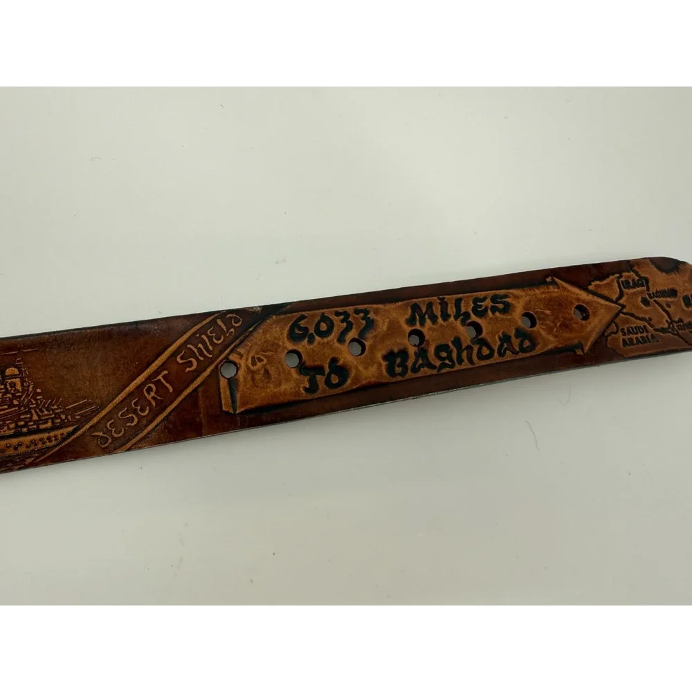 VTG Desert Storm Leather Belt 1990‎ USA Cowhide 6033 Miles Baghdad
